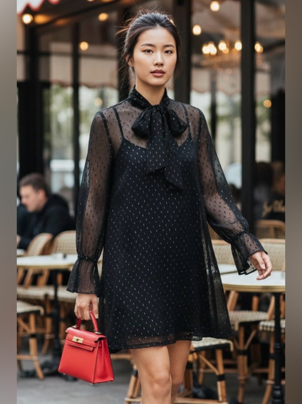 Theory NWT Black Sheer Glitter Tie Neck Bell Sleeve Mini Dress 6